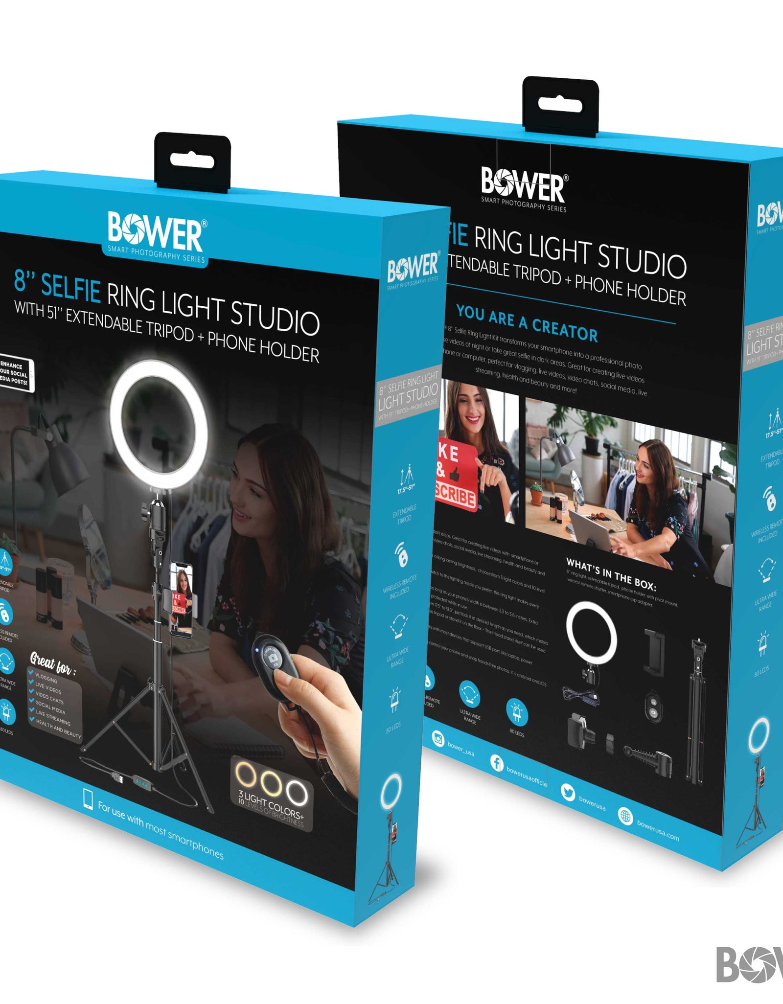 8” Selfie Ring Light Studio with Tripod Stand and Phone Holder – 8” LED Ring Light, 51” Extendable Tripod, 360º Tripod Ball Head, 3 White Modes, 10 Bright Levels, Wireless Remote