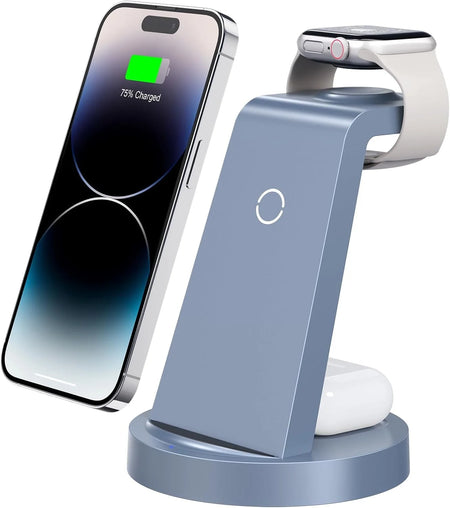 Wireless Charger - 3 in 1 Charging Station Compatible for Iphone & Iwatch - Charging Stand Dock for Airpods (Blue)