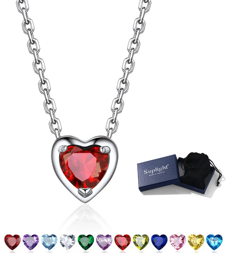 Silver Necklace 925 Sterling Silver Birthstone Love Heart Necklace Valentine'S Day Gift for Her