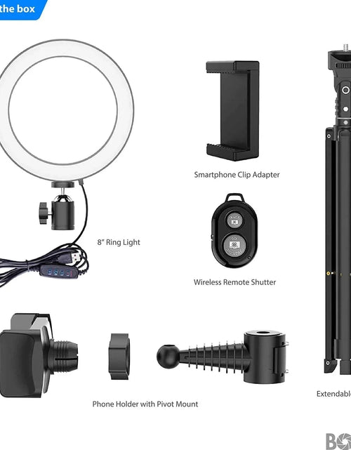 Load image into Gallery viewer, 8” Selfie Ring Light Studio with Tripod Stand and Phone Holder – 8” LED Ring Light, 51” Extendable Tripod, 360º Tripod Ball Head, 3 White Modes, 10 Bright Levels, Wireless Remote
