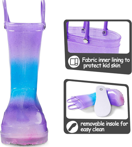 Kids Rain Boots, Waterproof Light up Boots with Easy-On Handles