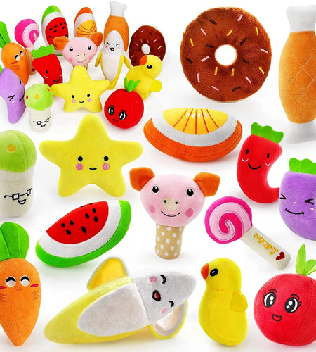 14 Pack Dog Squeaky Toys Cute Stuffed Plush Fruits Snacks and Vegetables Dog Toys for Puppy Small Medium Dog Pets