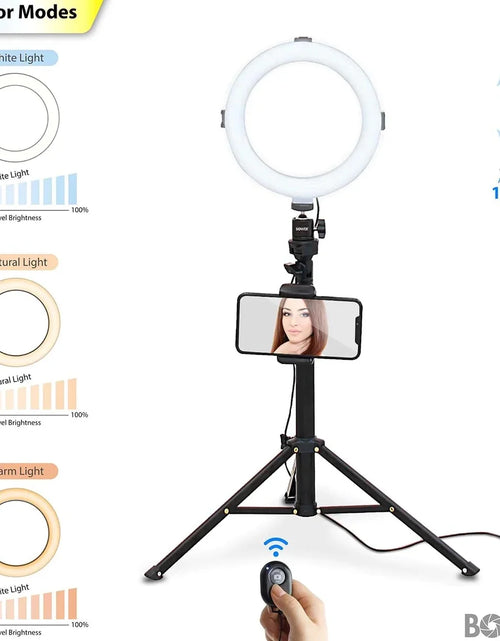 Load image into Gallery viewer, 8” Selfie Ring Light Studio with Tripod Stand and Phone Holder – 8” LED Ring Light, 51” Extendable Tripod, 360º Tripod Ball Head, 3 White Modes, 10 Bright Levels, Wireless Remote

