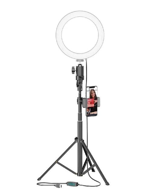 Load image into Gallery viewer, 8” Selfie Ring Light Studio with Tripod Stand and Phone Holder – 8” LED Ring Light, 51” Extendable Tripod, 360º Tripod Ball Head, 3 White Modes, 10 Bright Levels, Wireless Remote
